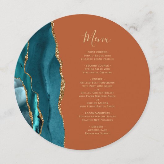 Teal Blue Gold Agate Rust Round Plate Wedding Menu メニュー (正面)