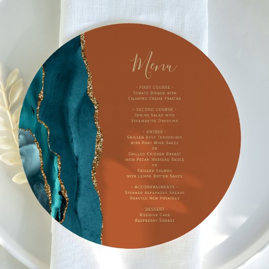 Teal Blue Gold Agate Rust Round Plate Wedding Menu メニュー