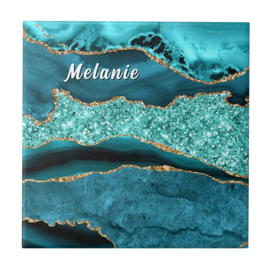 Teal Blue Gold Ceramic Tile Personalized Name タイル (正面)