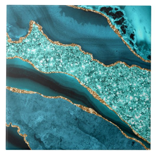 Teal Blue Gold Glitter Marble Ceramic Tile タイル (正面)