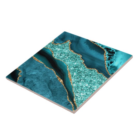 Teal Blue Gold Glitter Marble Ceramic Tile タイル (側面)