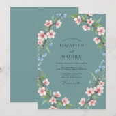 Teal Blue Graceful Blossom Wedding 招待状 (正面/裏面)