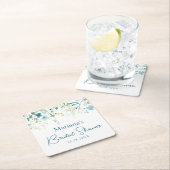 Teal Blue Green Floral スクエアペーパーコースター (インサイチュ)