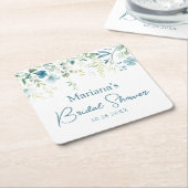 Teal Blue Green Floral スクエアペーパーコースター (アングル)