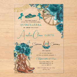 Teal Blue Green Floral Charro Western Quinceanera  アクリル招待状