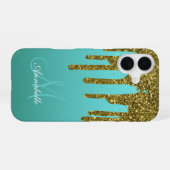 Teal Blue Green - Gold Glitter Drips Personalized iPhone 16ケース (裏面横)