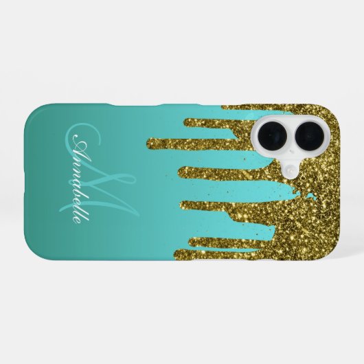 Teal Blue Green - Gold Glitter Drips Personalized iPhone 16ケース (裏面横)
