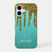 Teal Blue Green - Gold Glitter Drips Personalized iPhone 16ケース (裏面)