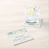 Teal Blue Green Ivory Floral スクエアペーパーコースター (インサイチュ)