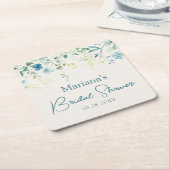 Teal Blue Green Ivory Floral スクエアペーパーコースター (アングル)