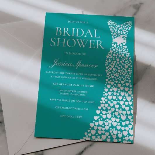 Teal Blue Green White Wedding Dress Bridal Shower 招待状