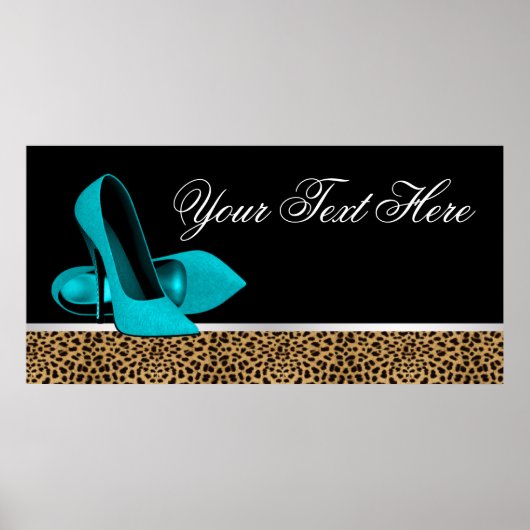 Teal Blue High Heel Shoes Leopard Party Banner ポスター (正面)