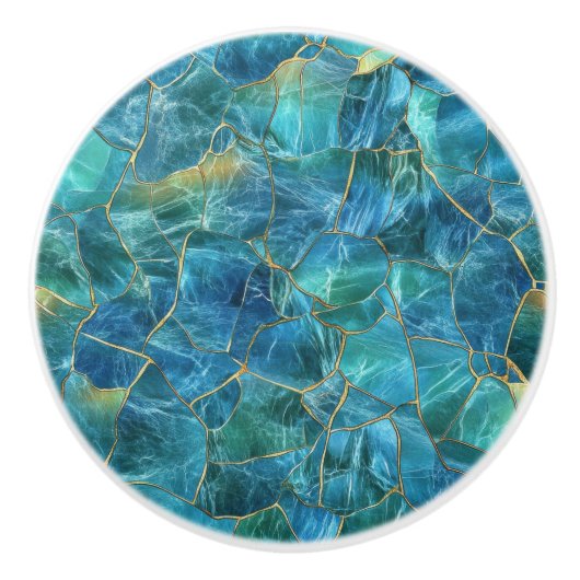 Teal Blue Marble Texture with Gold Veins セラミックノブ (正面)