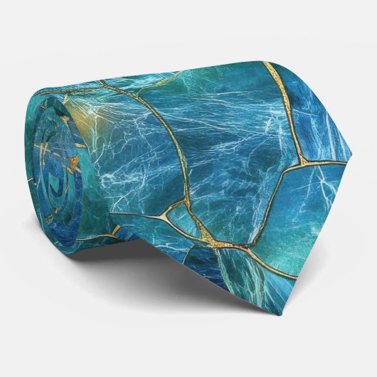 Teal Blue Marble Texture with Gold Veins ネクタイ (ロール)