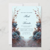 Teal Blue Modern Symmetrical Botanical Wedding 招待状 (正面)