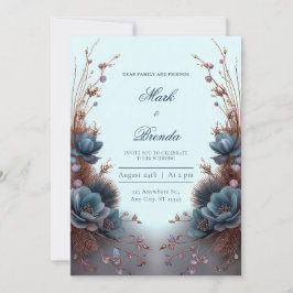 Teal Blue Modern Symmetrical Botanical Wedding 招待状
