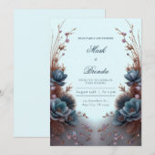 Teal Blue Modern Symmetrical Botanical Wedding 招待状 (正面/裏面)