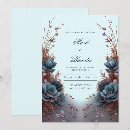Teal Blue Modern Symmetrical Botanical Wedding 招待状 (正面/裏面)
