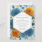 Teal Blue Moody Floral Wedding 招待状 (正面)