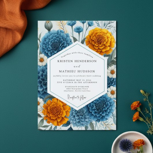 Teal Blue Moody Floral Wedding 招待状