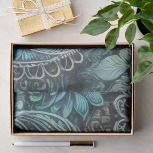 Teal Blue Paisley Floral Pattern Decoupage 薄葉紙 (ギフト)