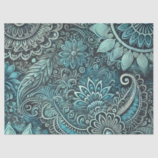 Teal Blue Paisley Floral Pattern Decoupage 薄葉紙 (正面)