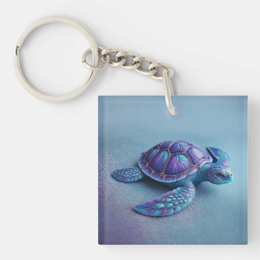 Teal Blue Purple Turtle Colorful Sea Turtle キーホルダー (正面)