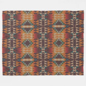 Teal Blue Red Brown Orange Tribal Art Pattern フリースブランケット (正面(横))