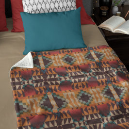 Teal Blue Red Brown Orange Tribal Art Pattern フリースブランケット