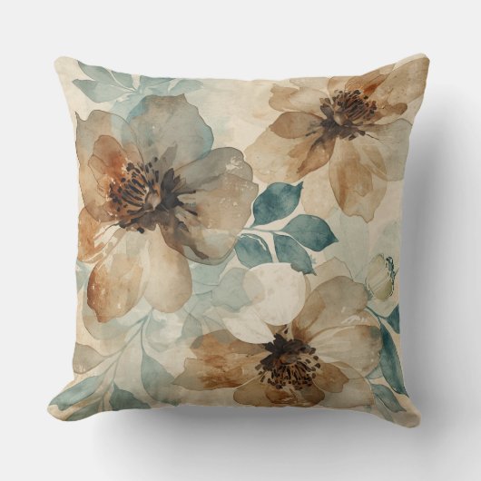 Teal Blue Rust Cream Modern Farmhouse Floral クッション (正面)