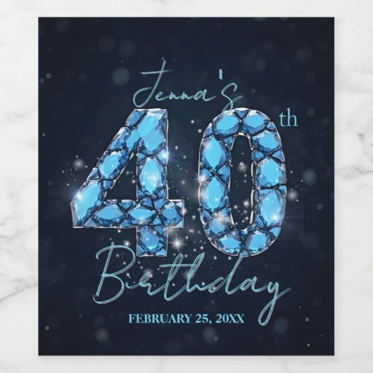 Teal Blue Sapphire Gemstone Glam 40th Birthday ワインラベル (シングルラベル)