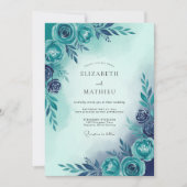 Teal Blue Serene Botanical Wedding 招待状 (正面)