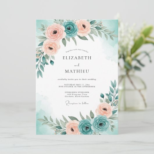 Teal Blue Serene Spring Wedding 招待状 (スタンド正面)