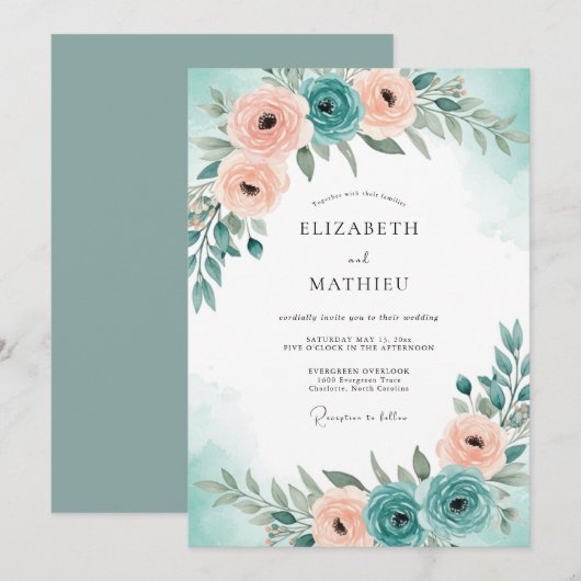 Teal Blue Serene Spring Wedding 招待状 (正面/裏面)