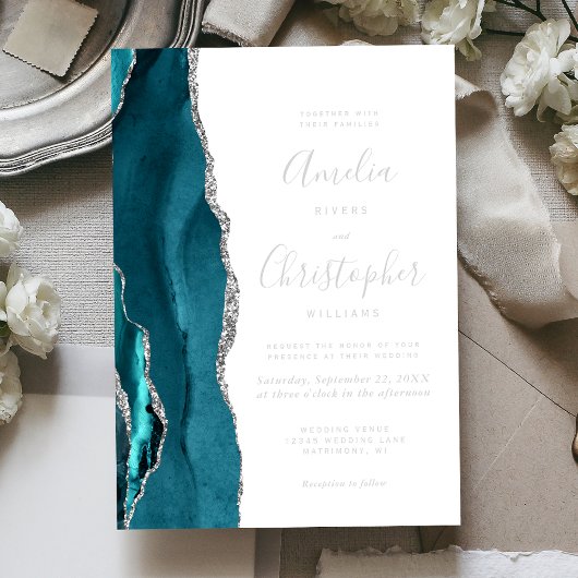 Teal Blue Silver Agate Modern Script Wedding 箔招待状