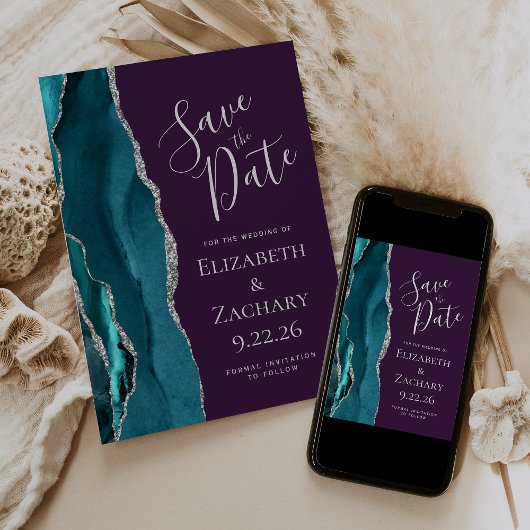Teal Blue Silver Agate Purple Save the Date Card セーブザデート