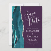Teal Blue Silver Agate Purple Save the Date Card セーブザデート (正面)