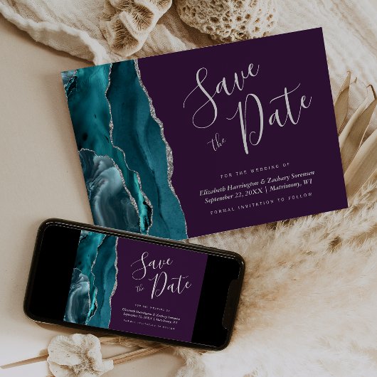 Teal Blue Silver Agate Purple Save the Date Card 招待状