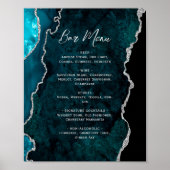 Teal Blue Silver Agate Script Wedding Bar Menu  ポスター (正面)