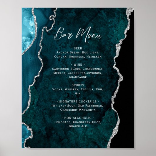 Teal Blue Silver Agate Script Wedding Bar Menu  ポスター (正面)