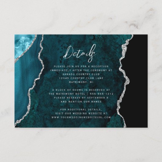 Teal Blue Silver Agate Script Wedding Details エンクロージャーカード (正面)