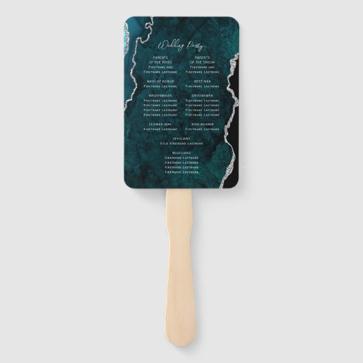 Teal Blue Silver Agate Script Wedding Program ハンドファン (裏面)