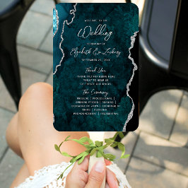 Teal Blue Silver Agate Script Wedding Program ハンドファン