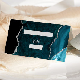 Teal Blue Silver Agate Script Wedding Table プレイスカード