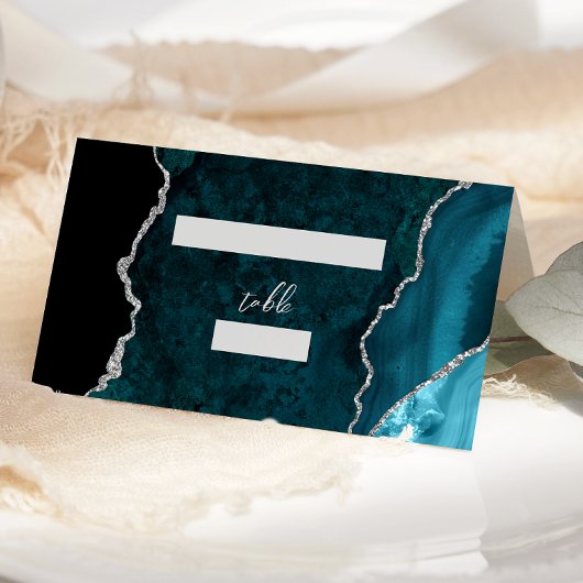 Teal Blue Silver Agate Script Wedding Table プレイスカード