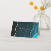 Teal Blue Silver Agate Script Wedding Table プレイスカード (裏面)