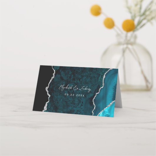 Teal Blue Silver Agate Script Wedding Table プレイスカード (裏面)