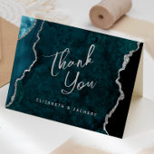 Teal Blue Silver Agate Script Wedding Thank You カード