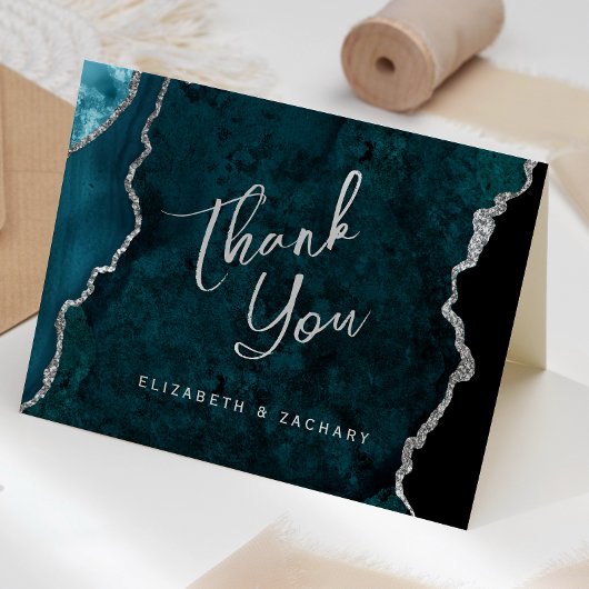 Teal Blue Silver Agate Script Wedding Thank You カード