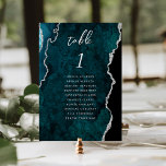 Teal Blue Silver Agate Wedding テーブルナンバー<br><div class="desc">This elegant modern wedding table number card features a teal blue watercolor agate background trimmed with faux silver glitter. The word "table" appears in silver gray handwriting script. Add the names of your guests who are assigned to each table.</div>